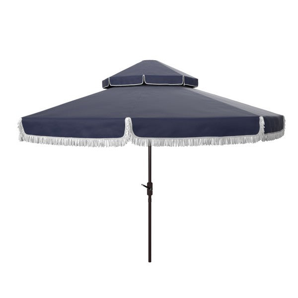 9ft Double Top Fringe Crank Umbrella  in Navy and White - The Mayfair Hall