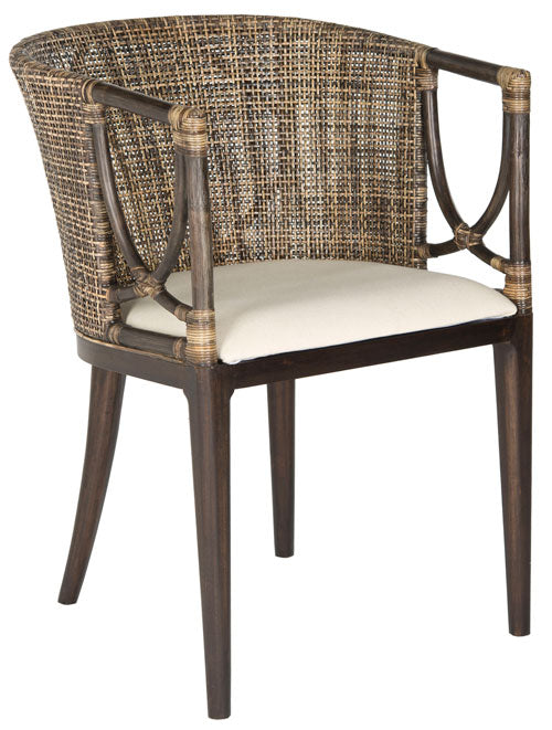 Brown Rattan Arm Chair With White Cushion - The Mayfair Hall