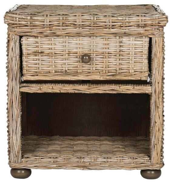 Natural-Grey Wicker Nightstand With Drawer And 8 " H Storage - The Mayfair Hall