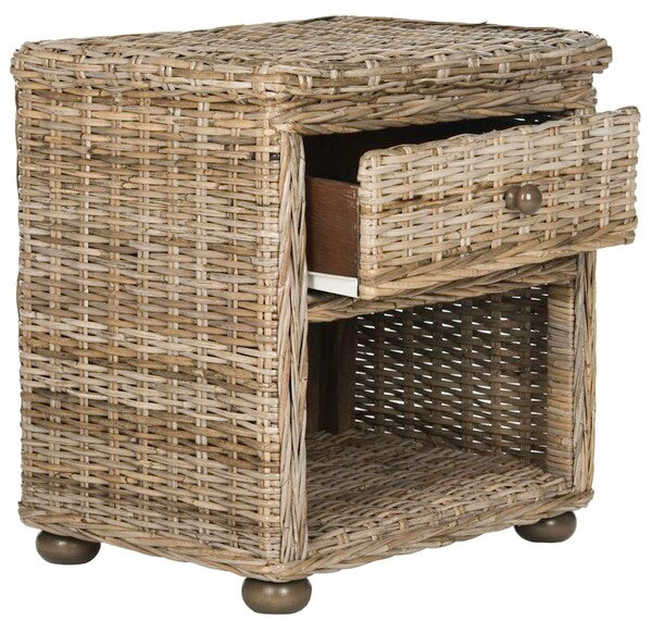 Natural-Grey Wicker Nightstand With Drawer And 8 " H Storage - The Mayfair Hall