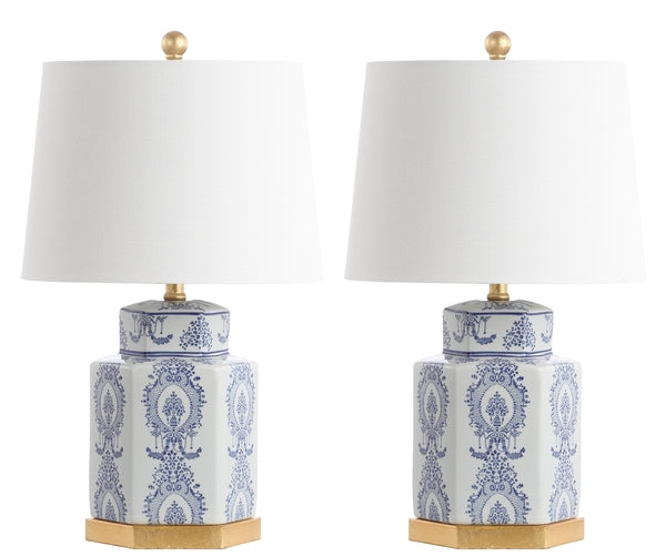 23-INCH H WHITE CERAMIC WITH ORNATE LAPIS BLUE TABLE LAMP (SET OF 2) - The Mayfair Hall